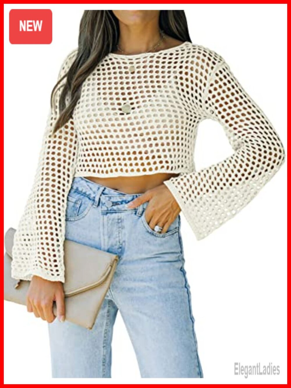 Runcati Womens Crochet Crop Top Long Sleeve Mesh Fishnet Cover Up